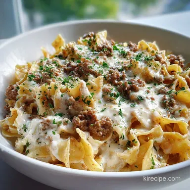 Ground Beef Pasta Alfredo in 30 Minutes | Creamy Garlic Dish Recipe Card