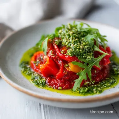 Red Pepper Sauce with Arugula Pistachio Pesto for 4 Servings Recipe Card