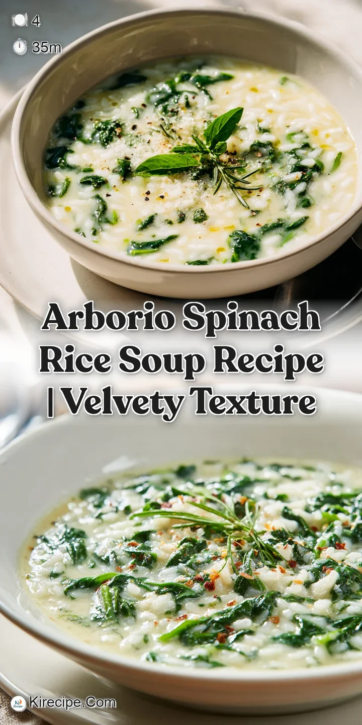 A close-up capturing the rich, creamy texture of verdant spinach soup clinging to plump, tender Arborio rice. Fresh and in...