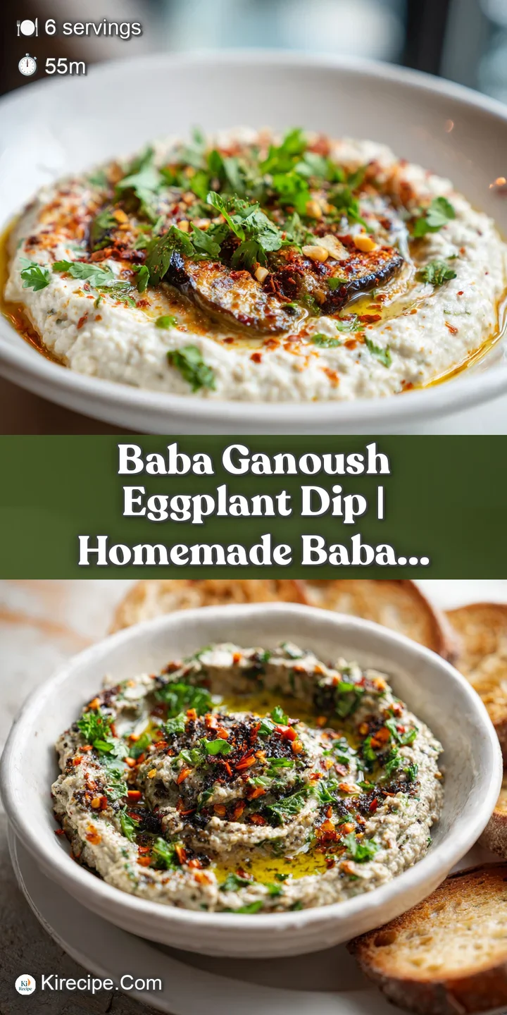 Close-up of rich, roasted eggplant dip with a smooth texture and flecks of char