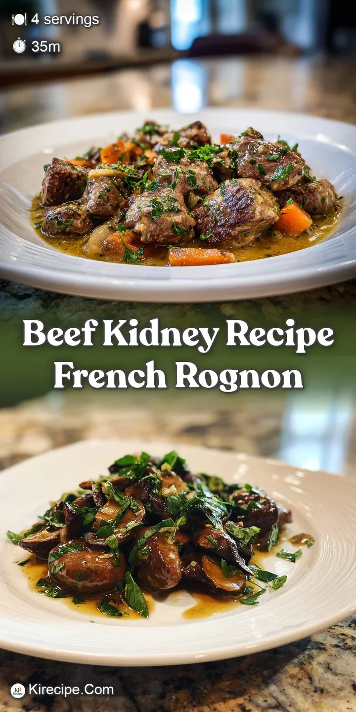 Up close view of simmering beef kidney, browned and glistening, with a dark and savory sauce. Aromatic and appetizing, rea...