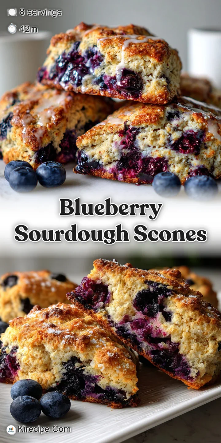 Close-up of a freshly baked blueberry sourdough scone, highlighting the moist crumb and juicy burst of blueberries within ...