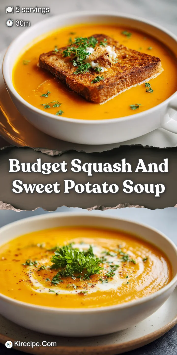 Close-up of rich, golden soup reveals a velvety texture. Swirls of cream and a sprinkle of seeds add visual interest to th...