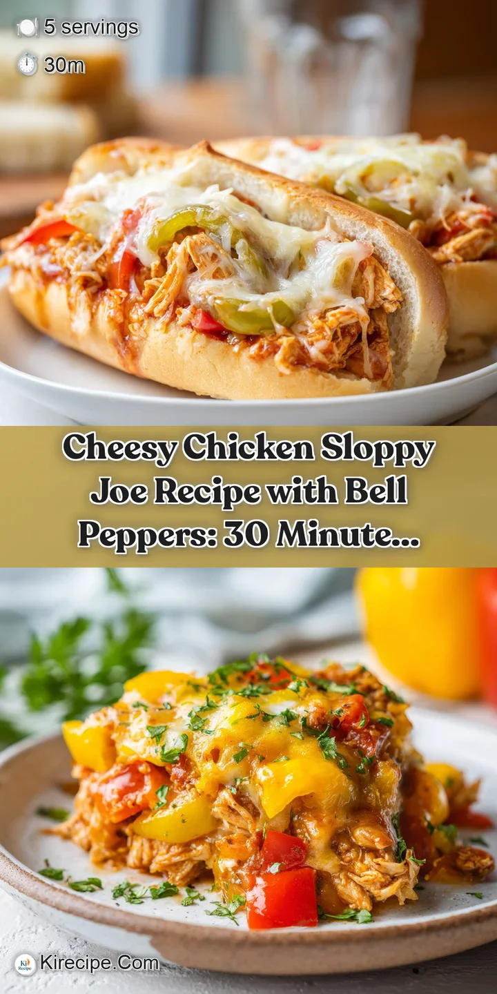 Close-up of a chicken sloppy joe: melty cheese pulls, bell peppers glisten in the saucy chicken mixture.