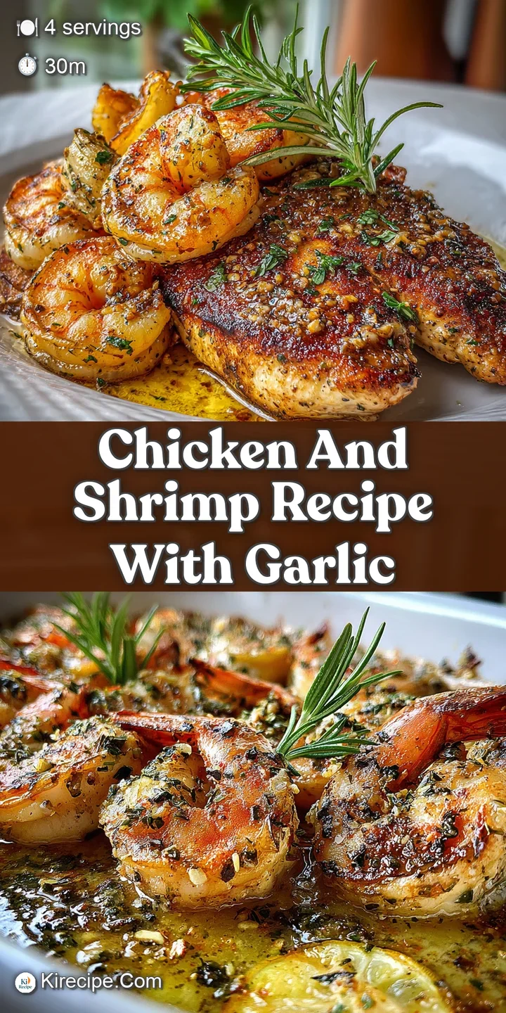 Close-up of juicy, tender chicken and shrimp, coated in a rich garlic sauce. A mouthwatering, flavorful culinary experience.