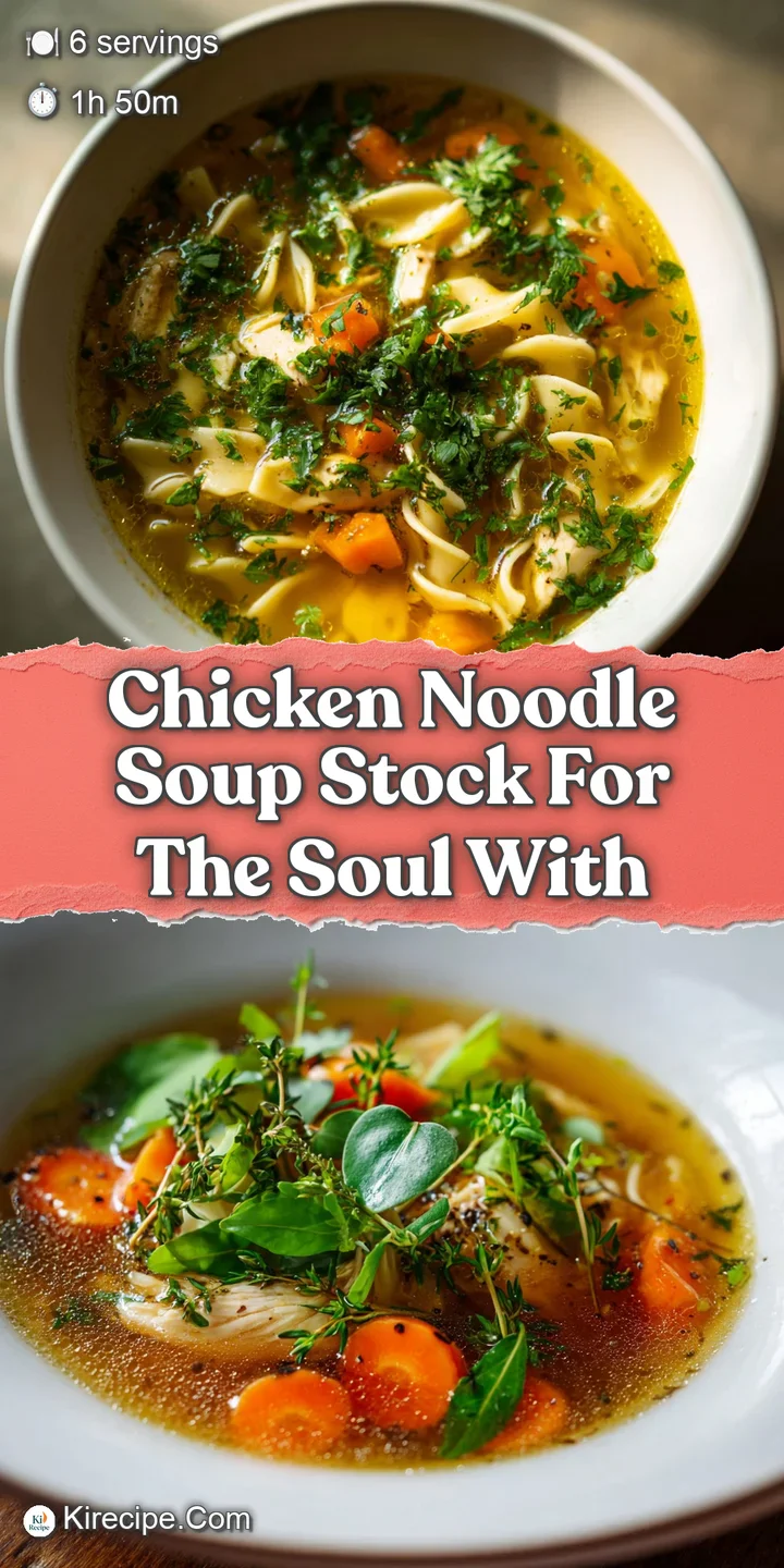 Aromatic chicken noodle soup, noodles and herbs visible through clear golden broth, beckons with comforting steam and vibr...