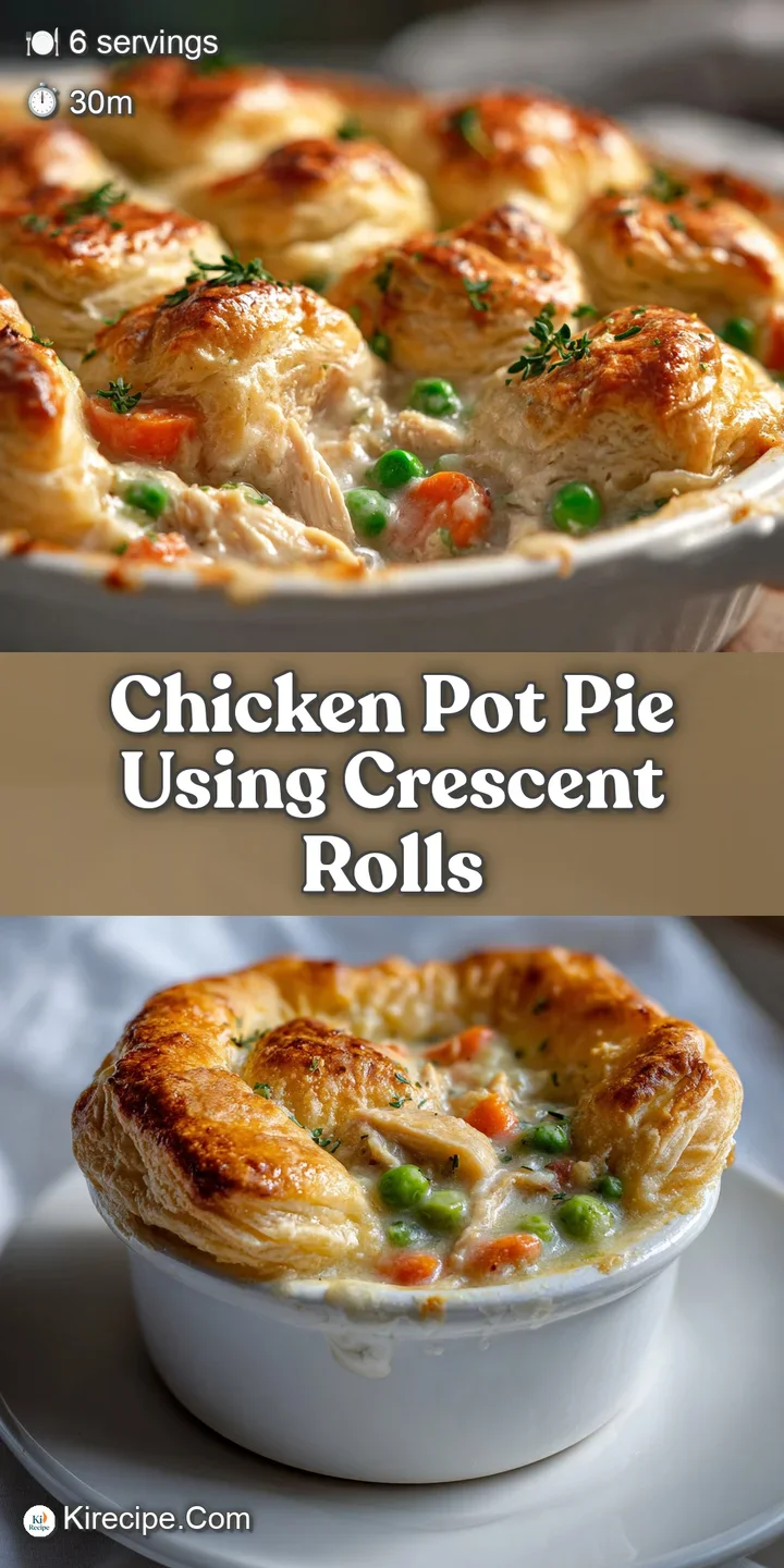 Close-up: Irresistible crescent roll crust, creamy chicken filling bubbling through, hints of vegetables, golden-brown per...