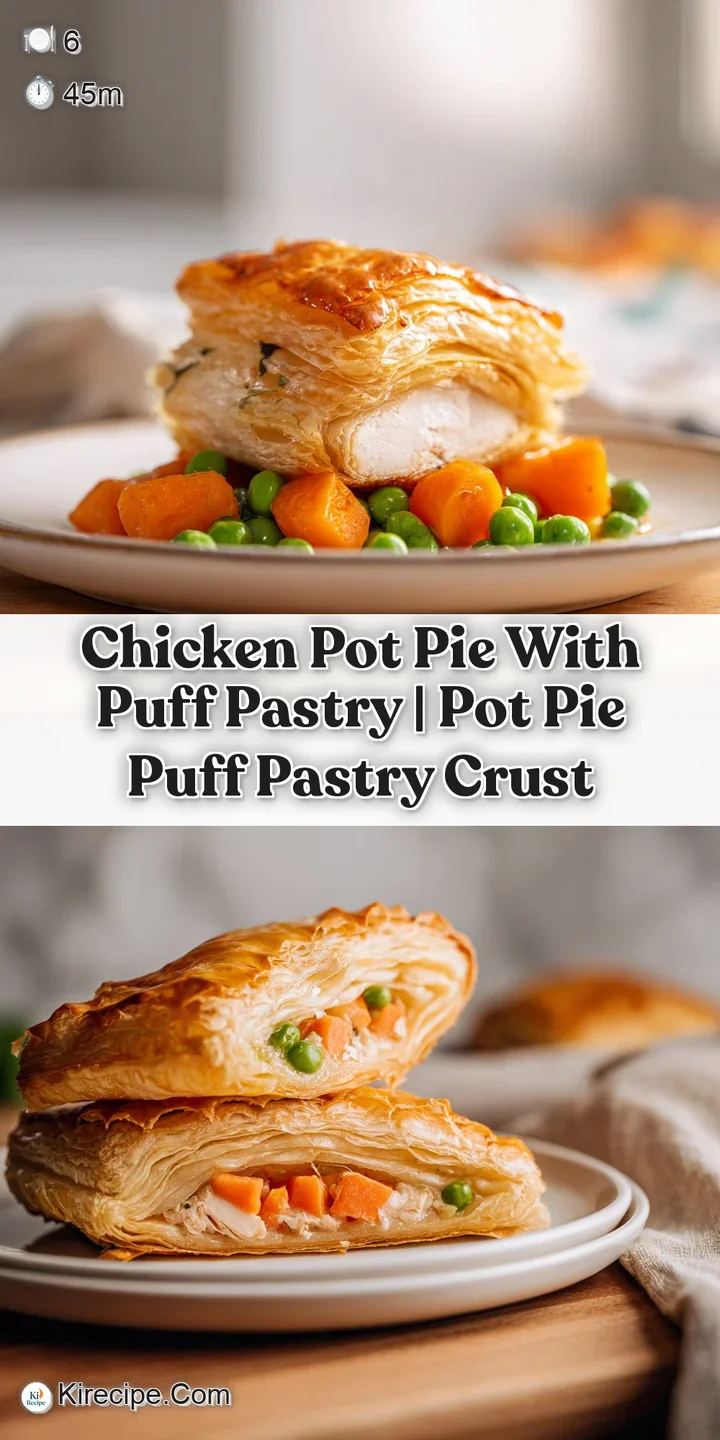 Close-up of buttery, layered pastry shards breaking to reveal a steaming, thick cream sauce with orange carrots.