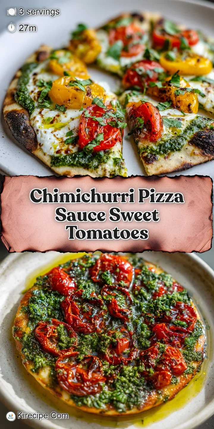 Close-up on glistening, sweet tomato slices nestled in zesty chimichurri. Pizza crust has golden-brown spots, a feast for ...