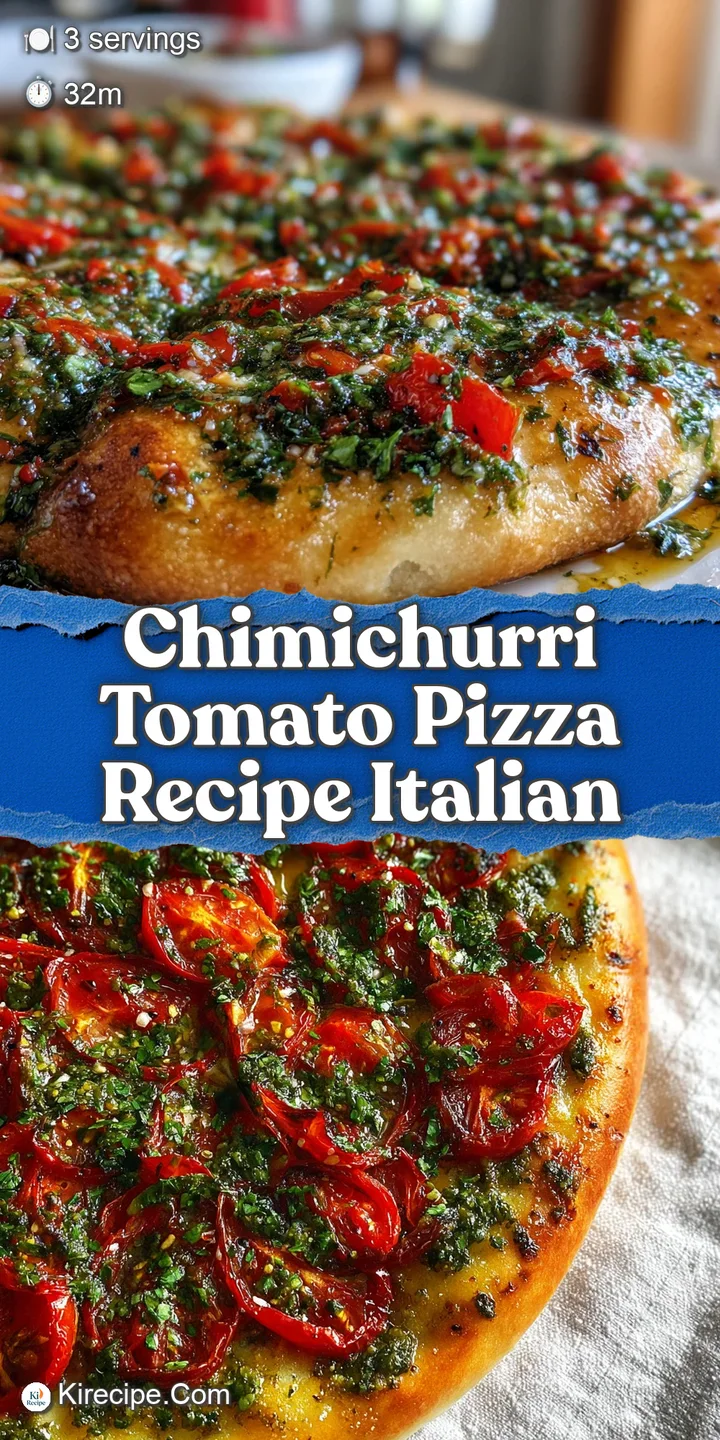 Close-up of pizza: juicy tomatoes glisten with olive oil. Fresh chimichurri flecked with herbs creates a vibrant green con...