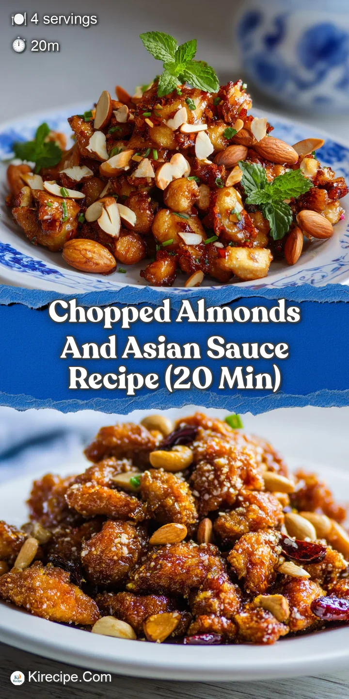Close-up shows glistening Asian sauce coating crunchy almonds and fresh greens. Warm, inviting, and ready to eat.