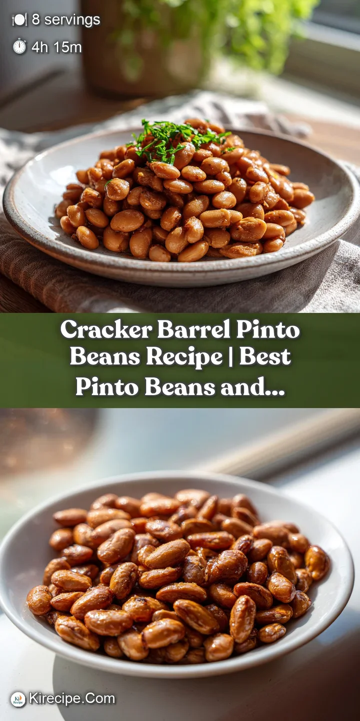 Close-up of creamy pinto beans, their soft texture visible, lightly seasoned with visible herb specks.