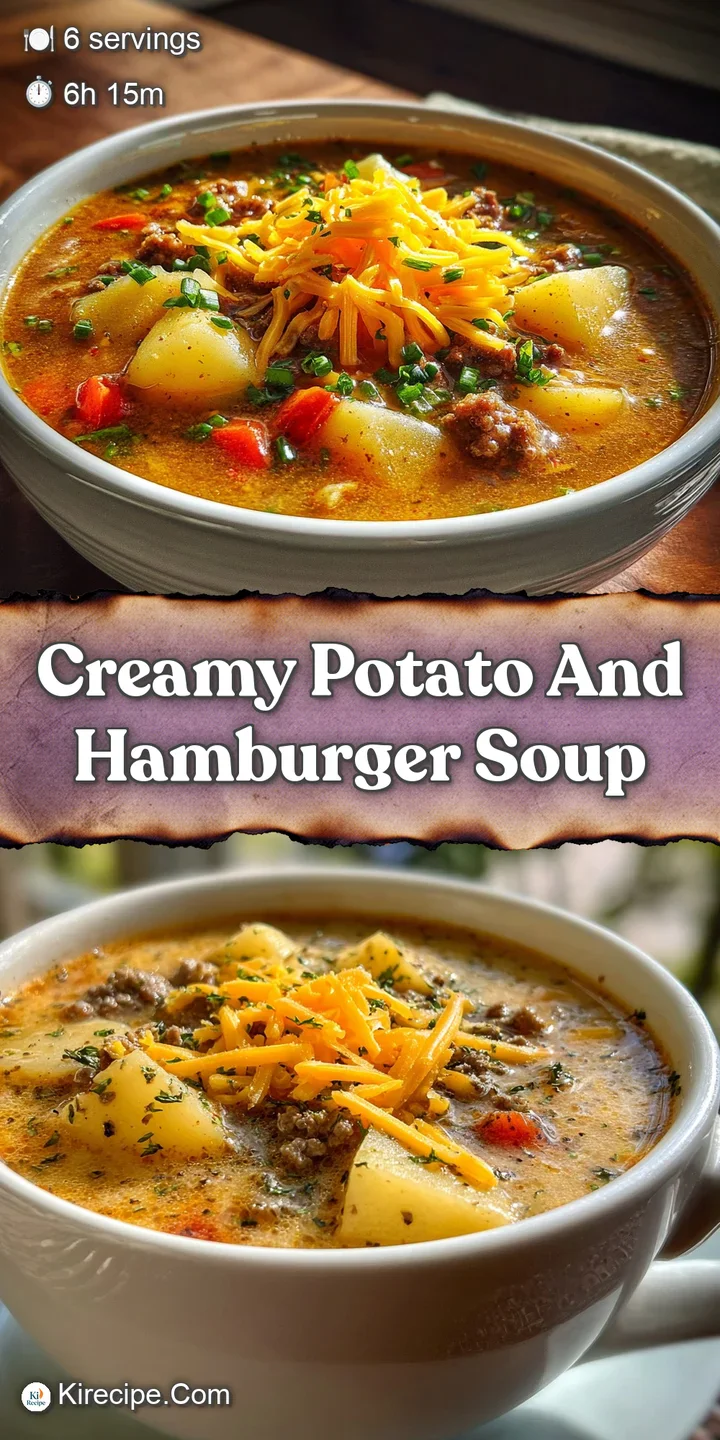 Close-up: a spoonful of rich, creamy potato soup with savory hamburger and melted cheddar, steam rising from a hearty bowl.