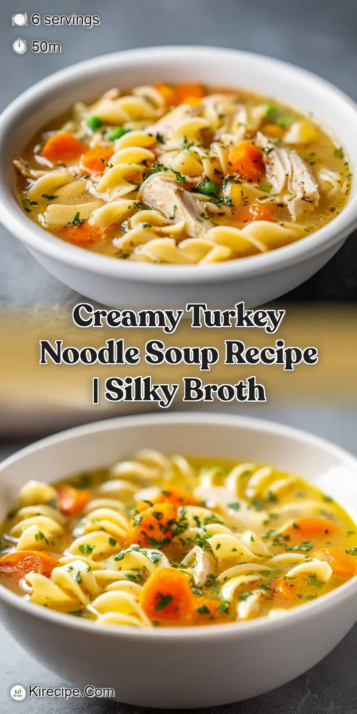 Earthy and appetizing creamy soup with visible steam. Soft egg noodles mingle with shredded turkey and diced garden-fresh ...