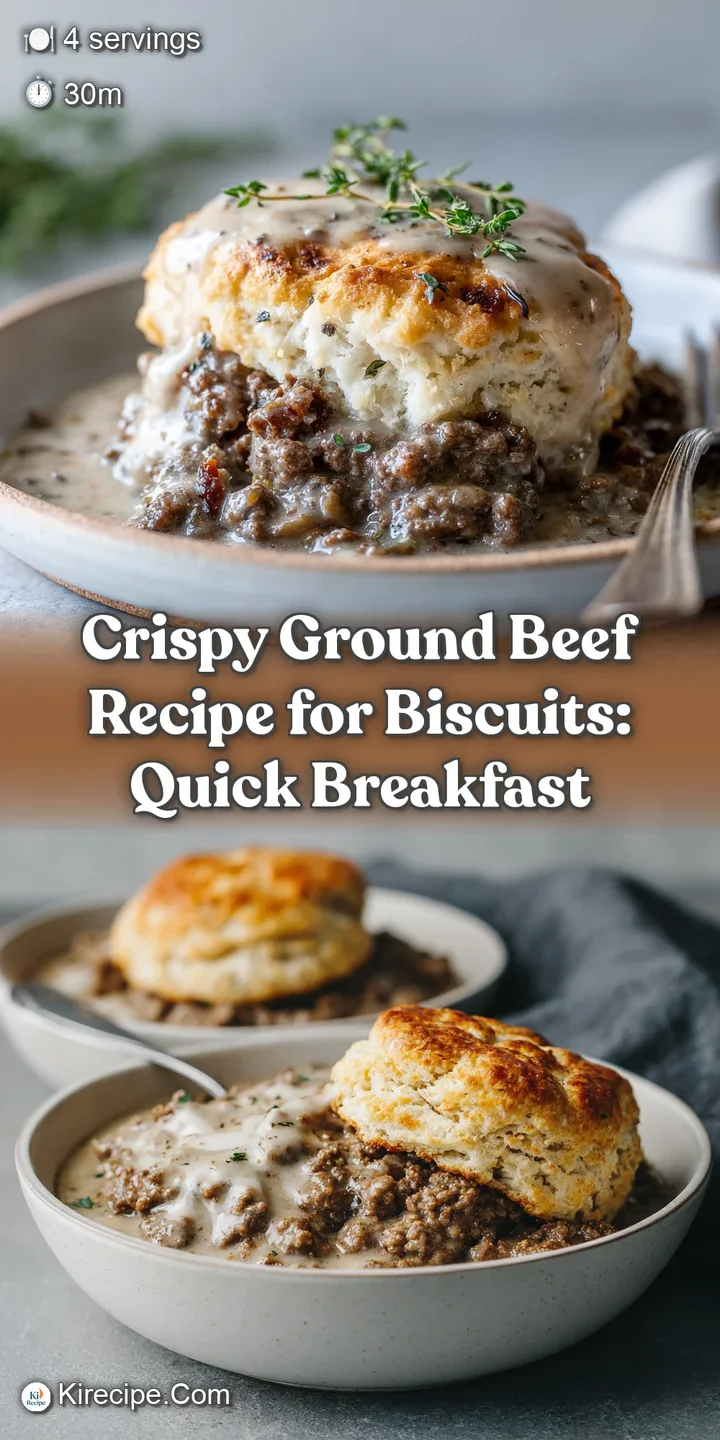 Up close, a mound of glistening, browned ground beef seasoned with herbs, sits atop a flaky, golden biscuit, promising ric...