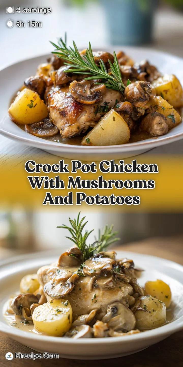 Close-up of tender chicken, mushrooms, and potatoes glistening with savory sauce. Steam rises from the appetizing dish.