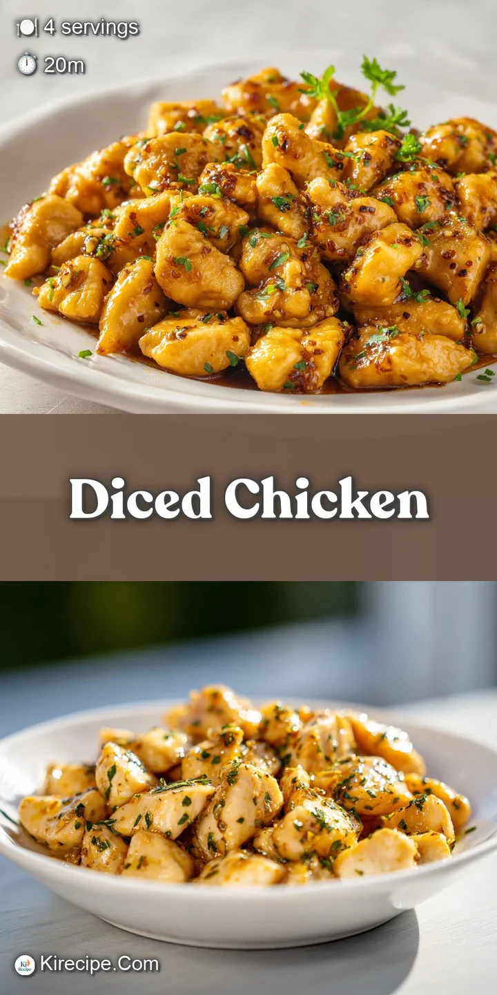 Close-up shot of succulent diced chicken, saturated with savory juices and fragrant herbs, showcasing a quick & easy meal.