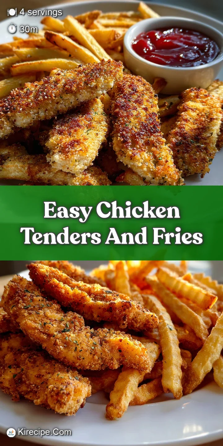 Close-up of a perfectly fried chicken tender, showing the flaky, golden-brown crust, paired with crispy, seasoned fries.