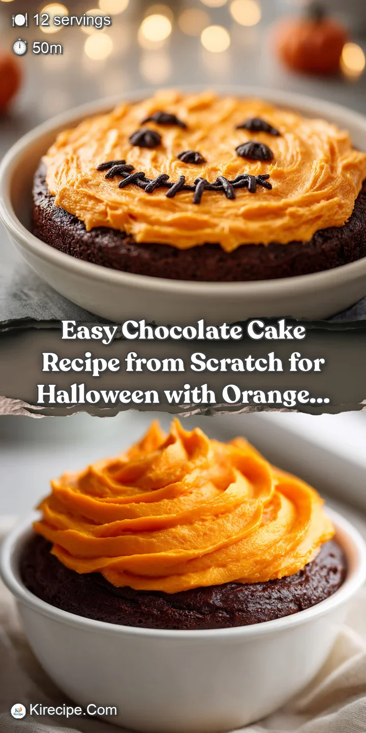 Close-up of glossy chocolate cake; fluffy orange frosting peaks, beckoning with sweetness and a hint of festive Halloween ...