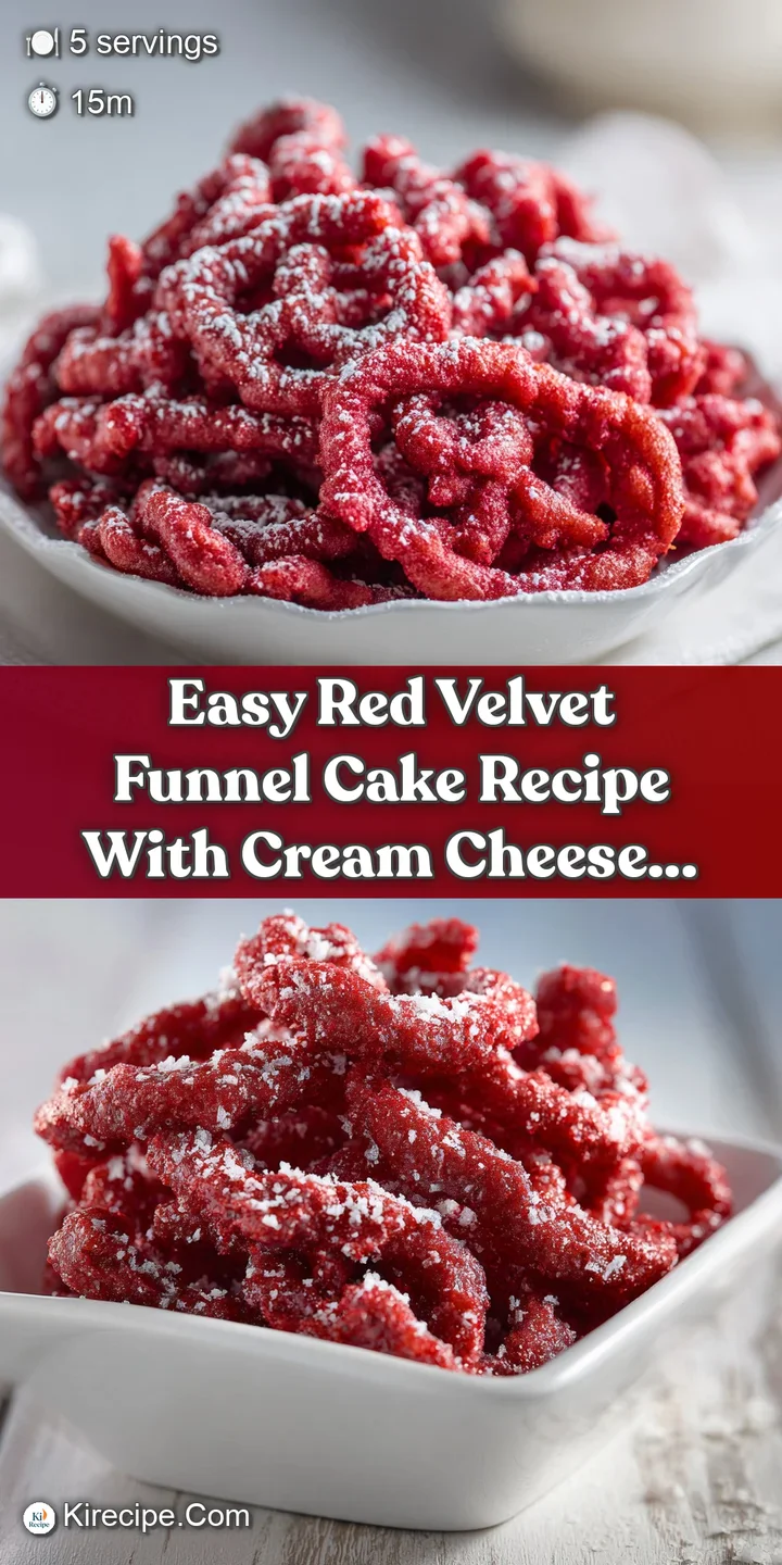 Close-up of a red velvet funnel cake; airy, crispy texture visible, dusted with powdered sugar and drizzled with glaze.