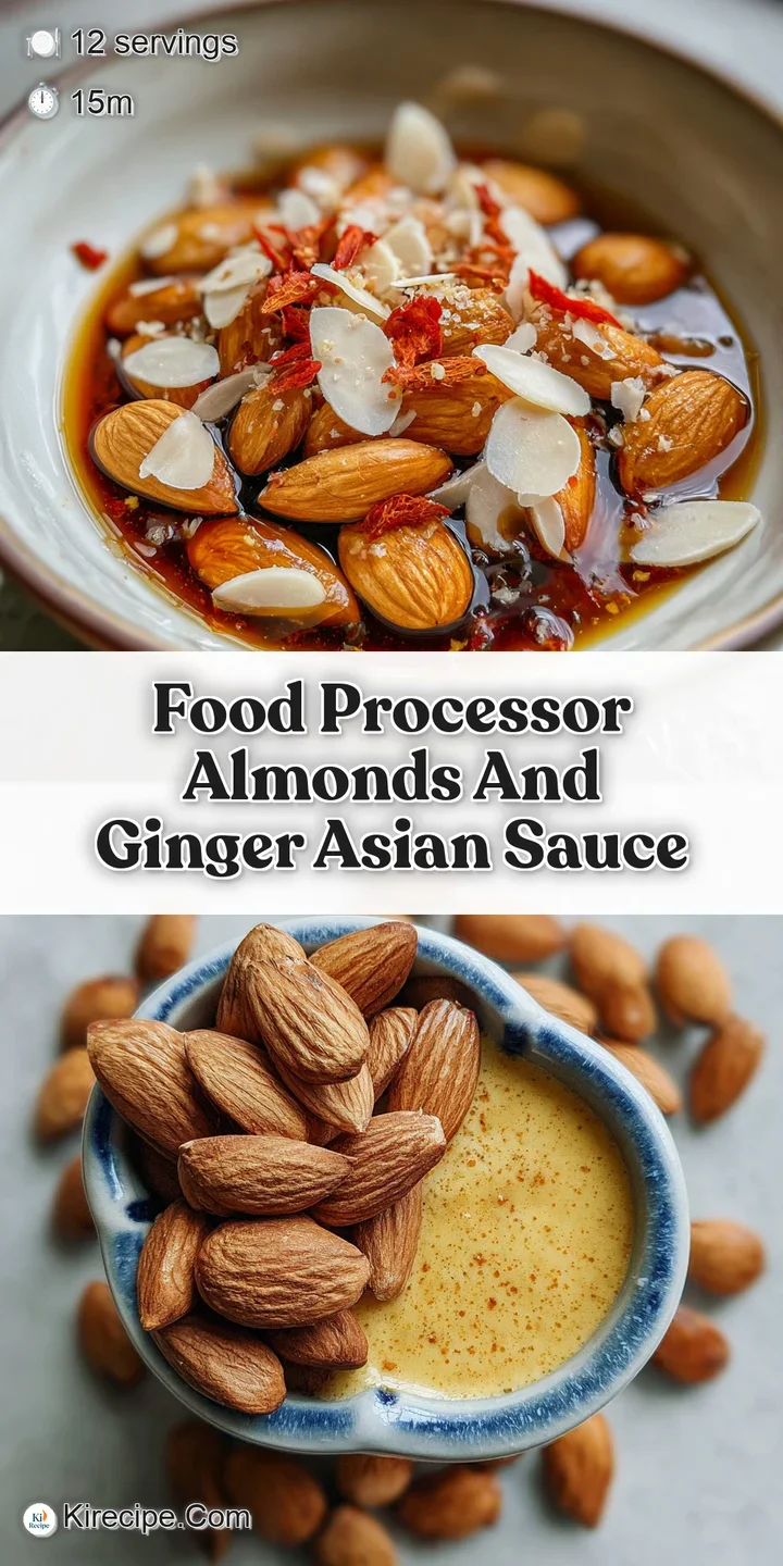 Close-up reveals the shimmering, textured surface of the ginger-almond sauce, highlighting the contrasting colors of the f...