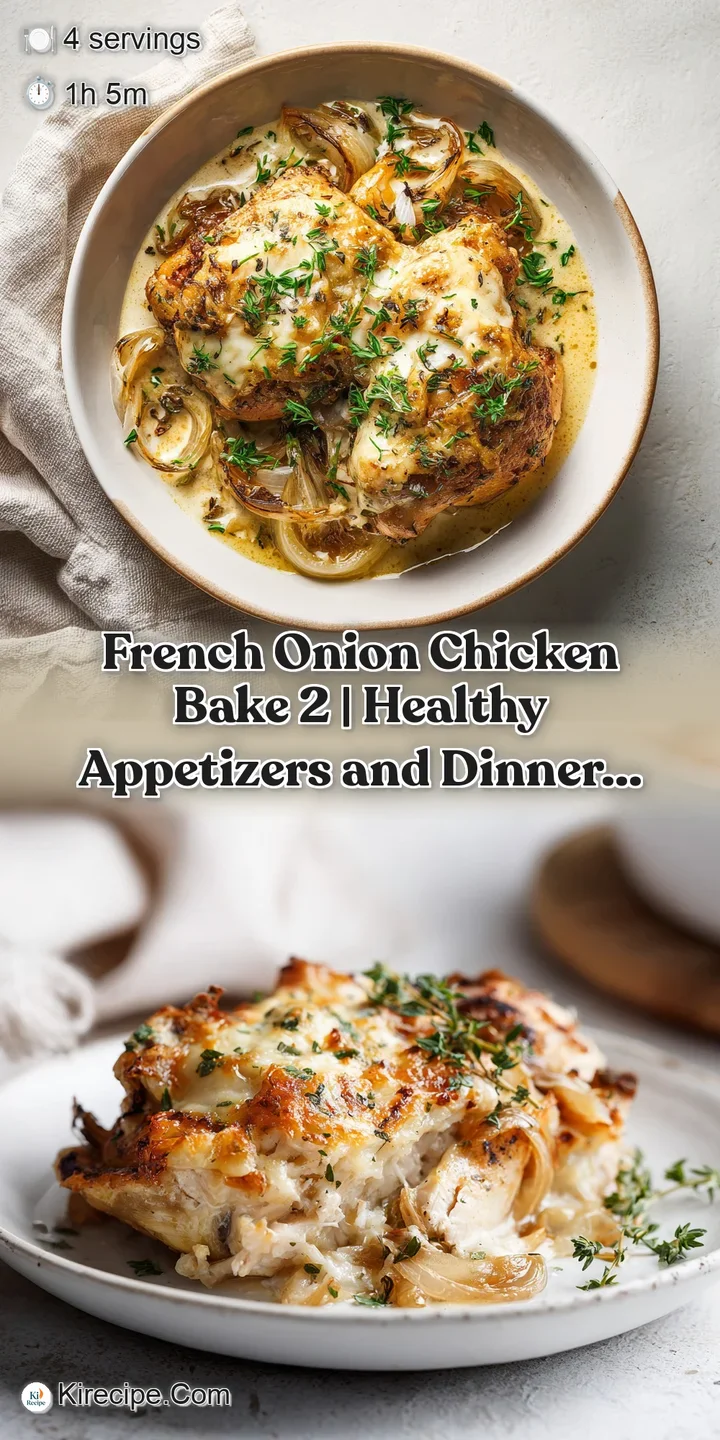 Close-up of a tender, baked chicken piece with a crispy, cheesy topping and sweet, browned onions.