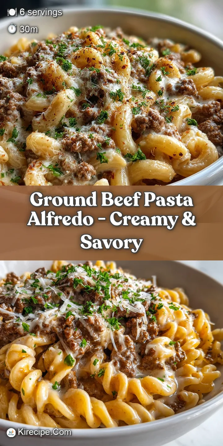 Close-up of rich, glossy alfredo sauce clinging to pasta and ground beef, showing browned bits and flecks of fresh herbs.
