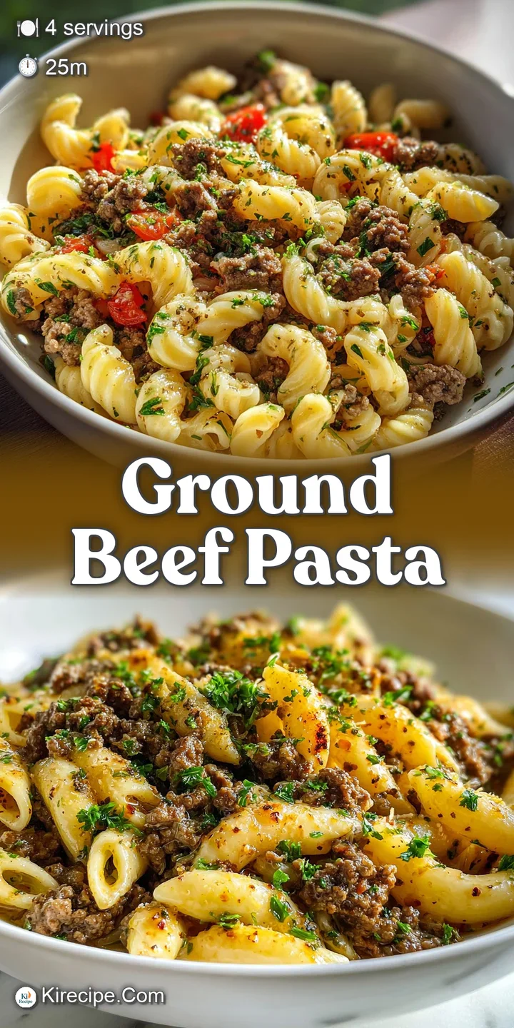 Close-up of ground beef and pasta: rich cream sauce, glistening flecks of herbs, golden-brown meat crumbles. Aromatic, fla...