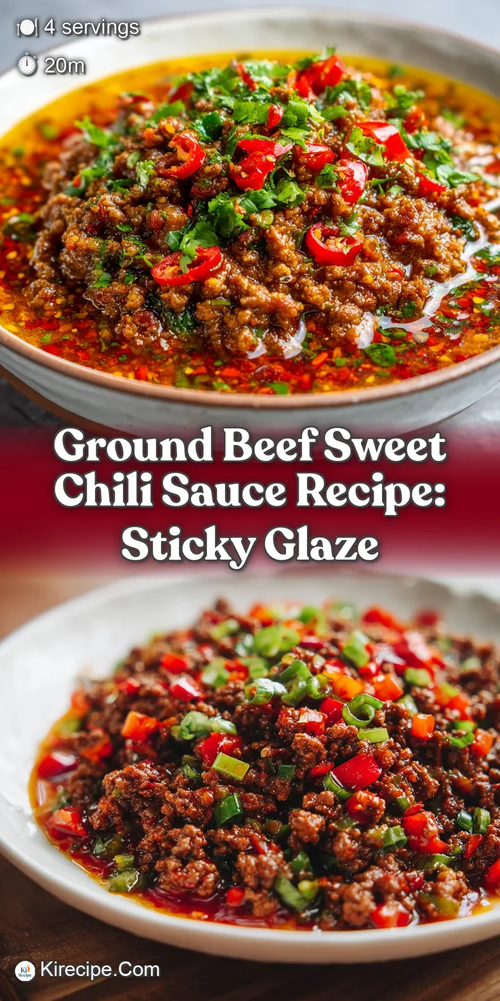 A spoonful of glistening ground beef in sweet chili sauce, reflecting light. Visible are flecks of green onion and chili f...
