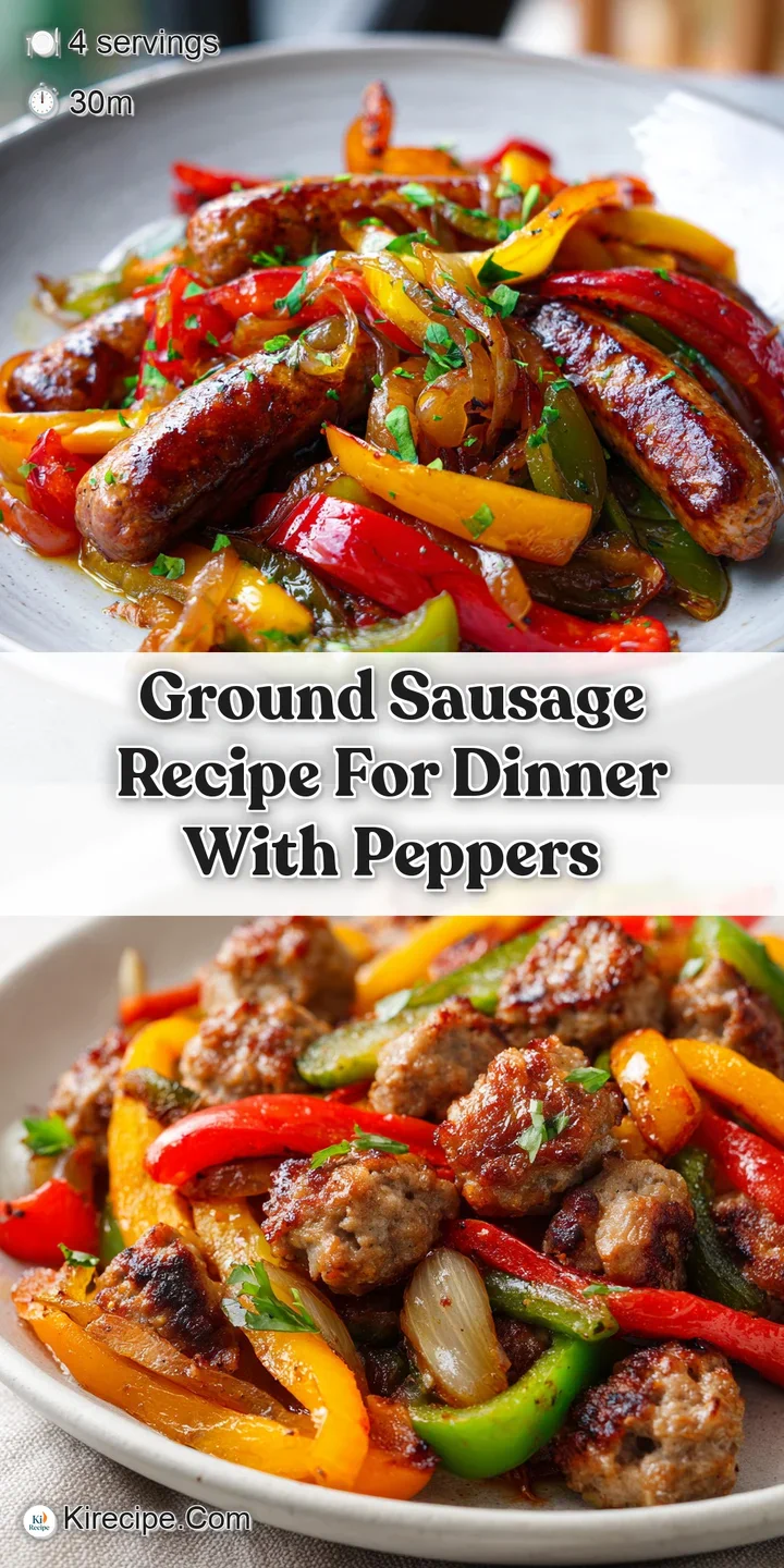 Close-up view of plump, browned sausage with blistered, bright bell peppers glistening with oil, inviting aroma practicall...