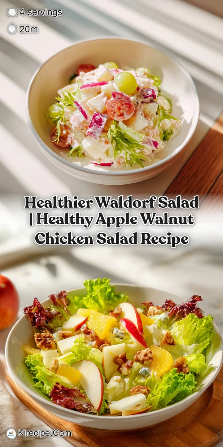 Juicy red apple slices and creamy white yogurt are a close-up in this fresh, inviting Waldorf salad mixture.