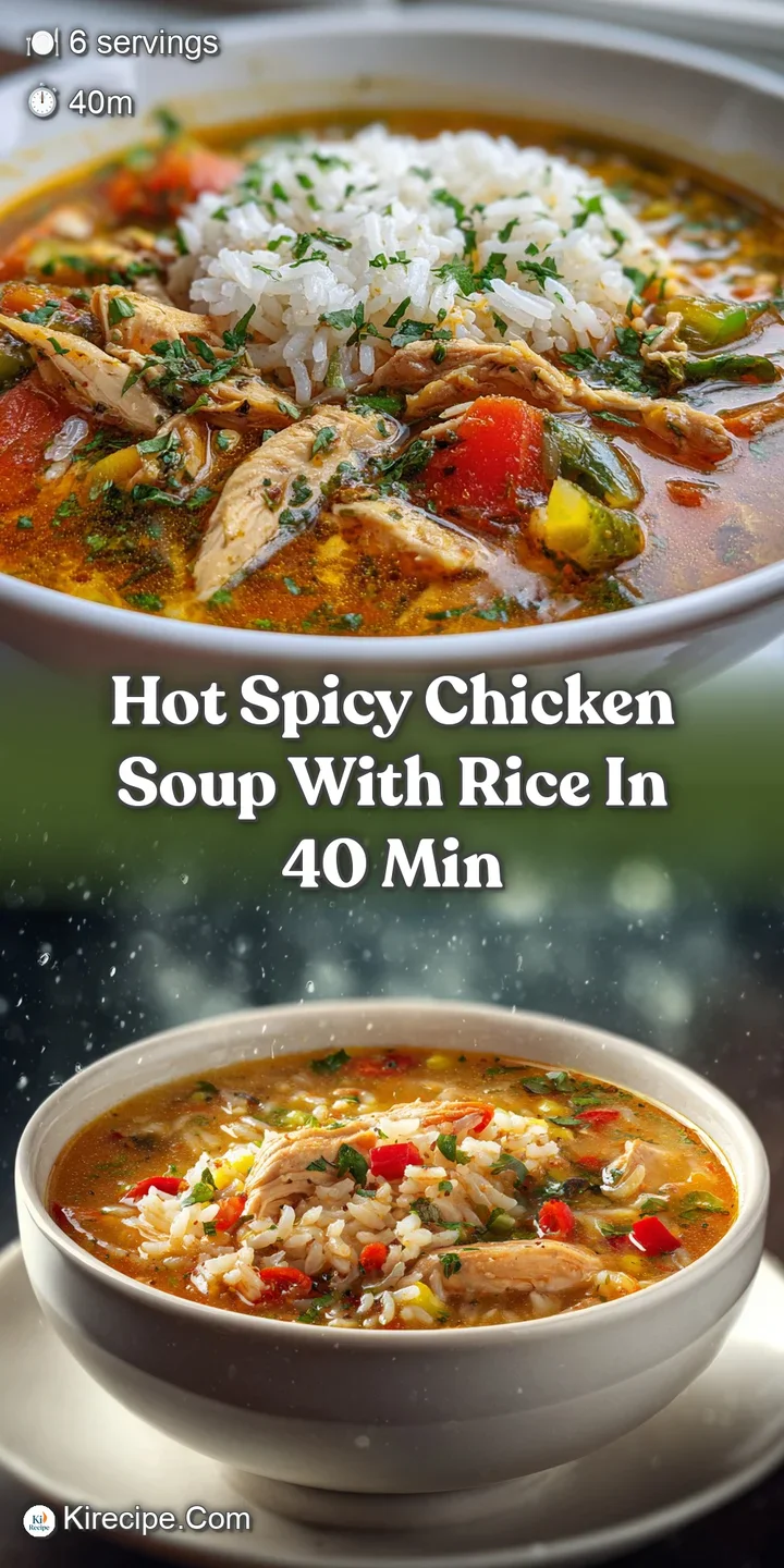 Close-up reveals tender chicken, plump rice, and glistening droplets of spicy broth. Garnished with fresh green herbs.