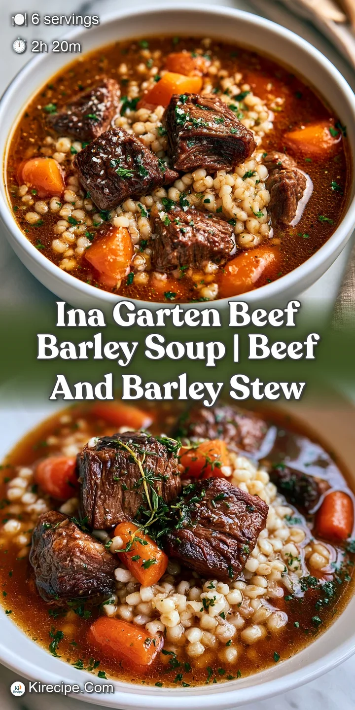 Macro shot of glistening pearled barley and tender beef simmered in a thick, savory and aromatic brown broth.
