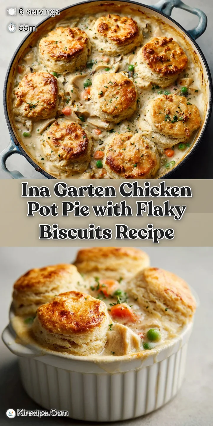 Close-up of a warm, golden biscuit, revealing a rich, creamy chicken and vegetable filling with fresh herbs.