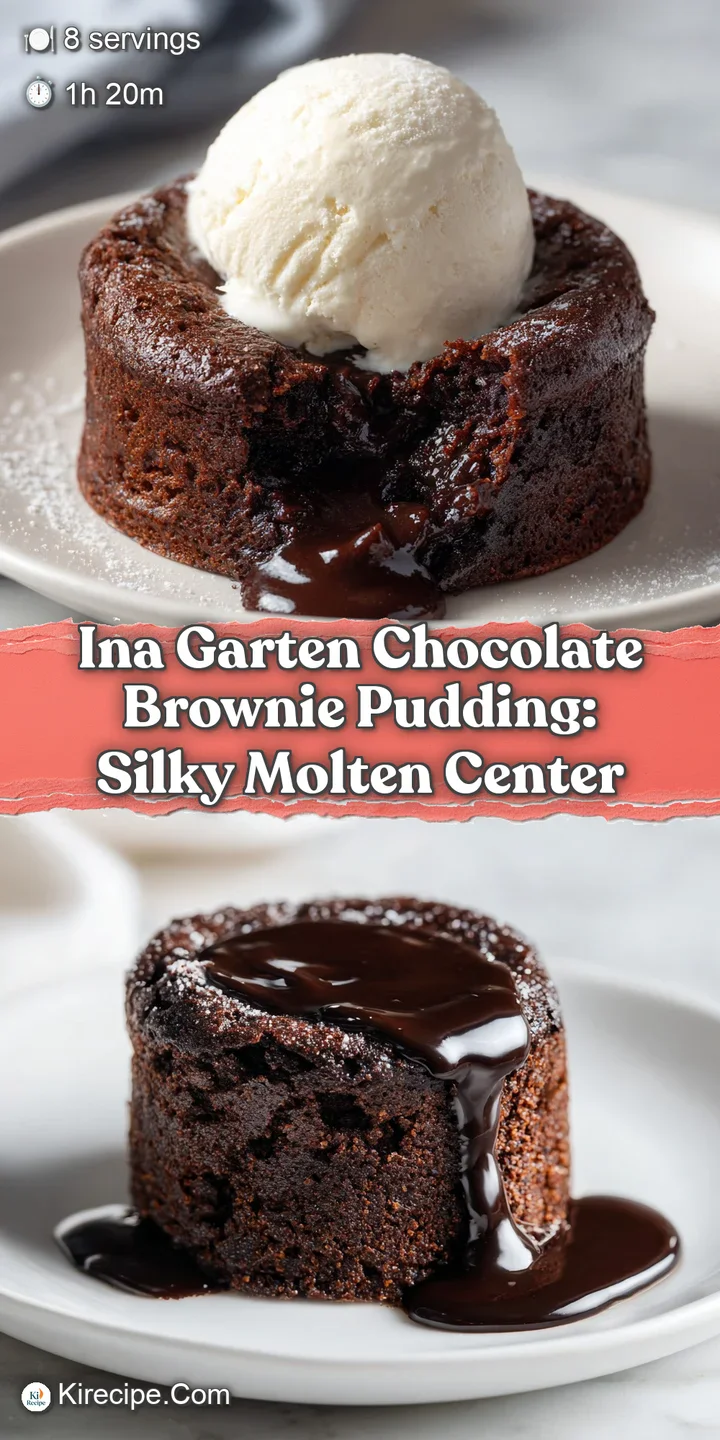 Close-up reveals the fudgy texture of warm, dark chocolate brownie pudding with a delicate, glistening crust, truly decadent.