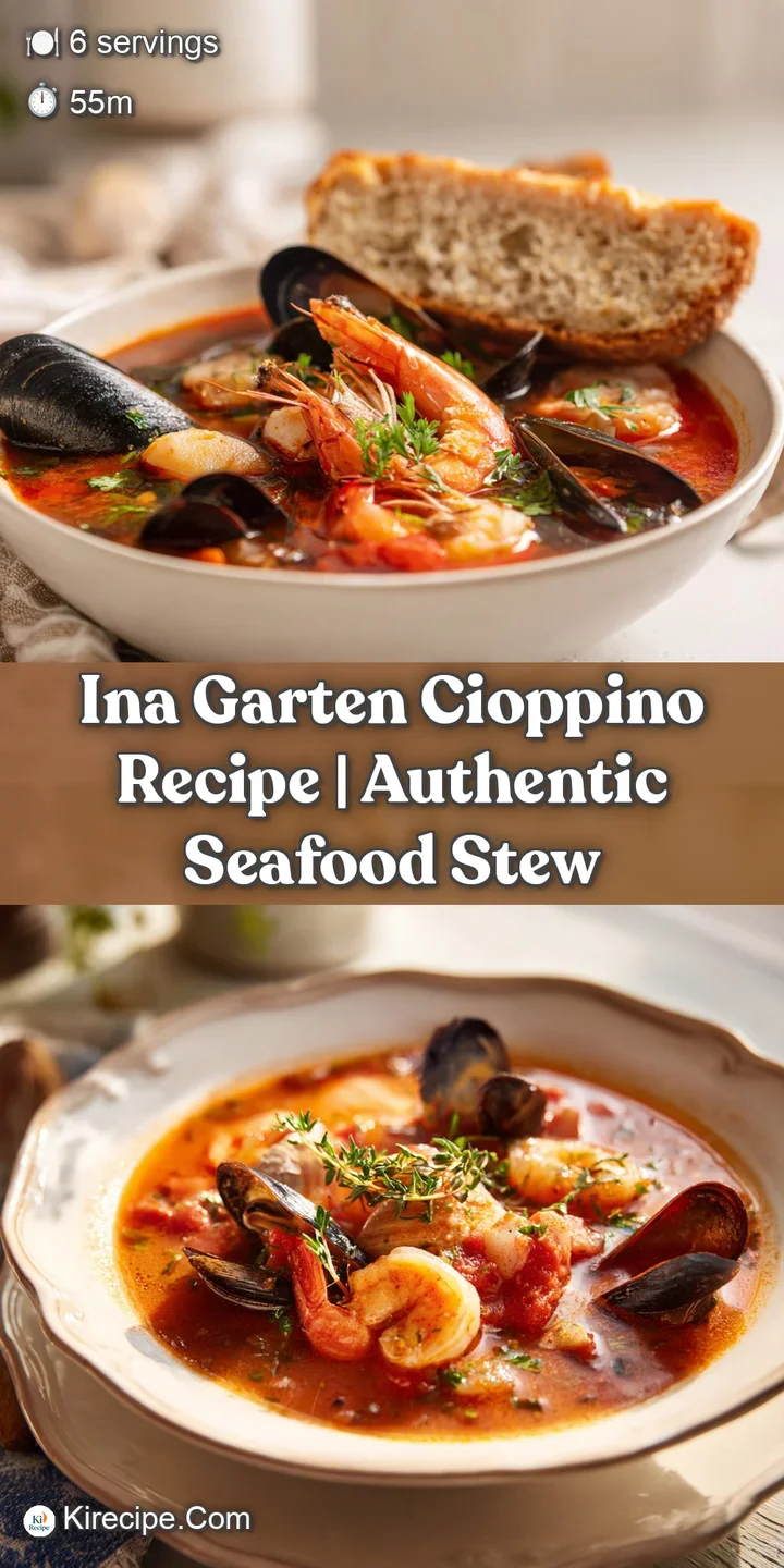 Close-up of cioppino showcasing plump shrimp, tender mussels, and chunks of flaky fish simmering in a deeply colored, flav...