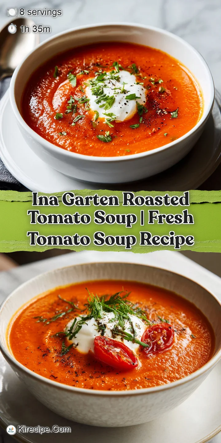 Close-up of thick, luscious tomato soup with visible roasted bits, a drizzle of cream adding richness, fresh basil providi...