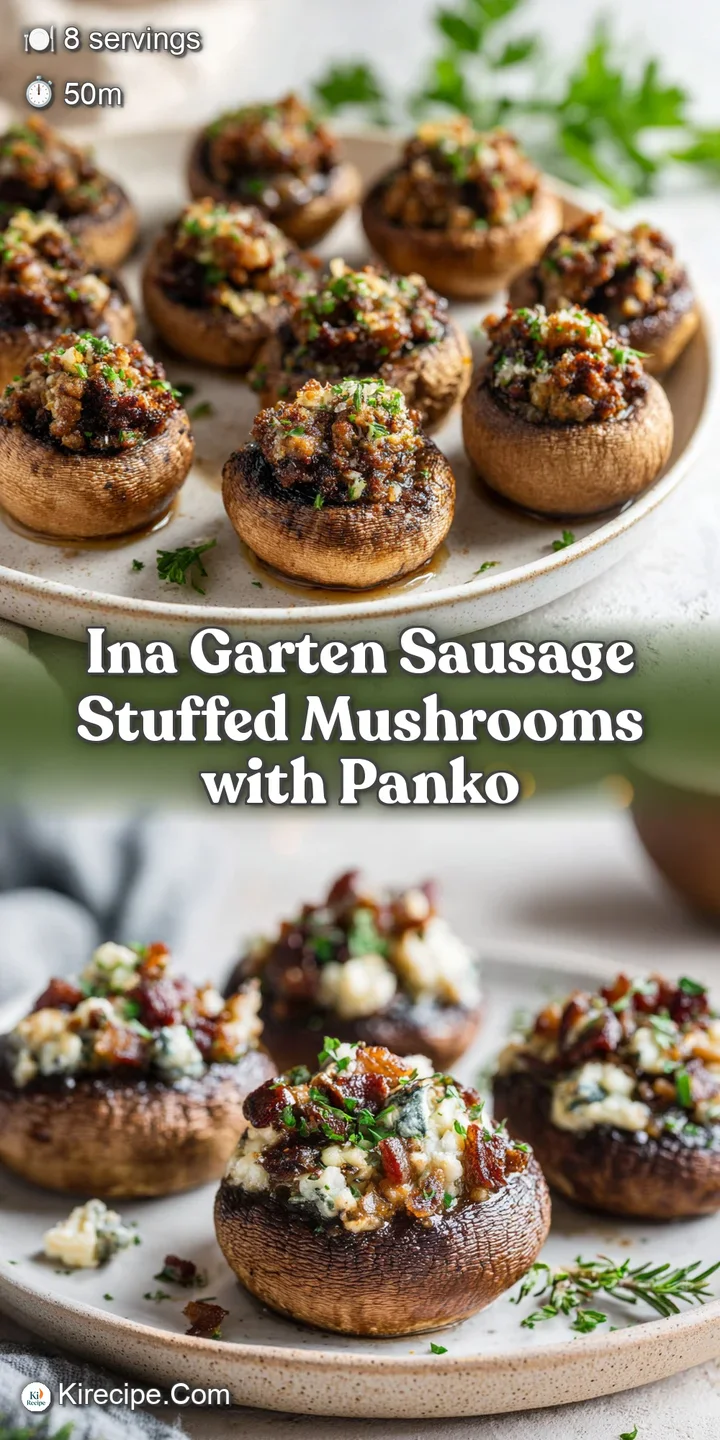 Up-close: A glistening sausage-stuffed mushroom with golden-brown, crispy topping shows savory, tempting, textural details.