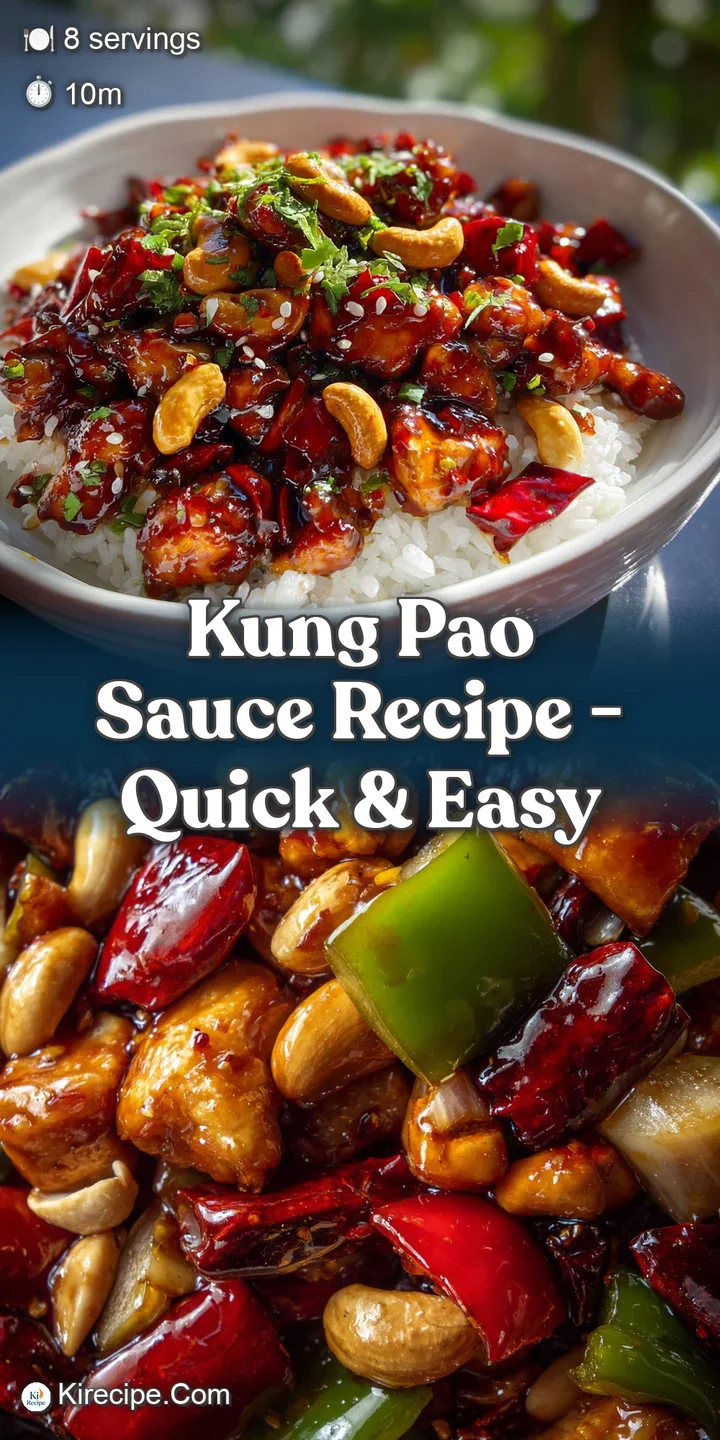Close-up reveals glossy, deep red Kung Pao sauce clinging to tender chicken and peanuts. Szechuan peppers add visual heat.