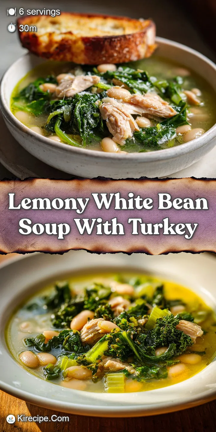 Close-up shot of lemony white bean soup. Visible steam rising, showcasing the creamy texture, tender turkey, and bright pa...