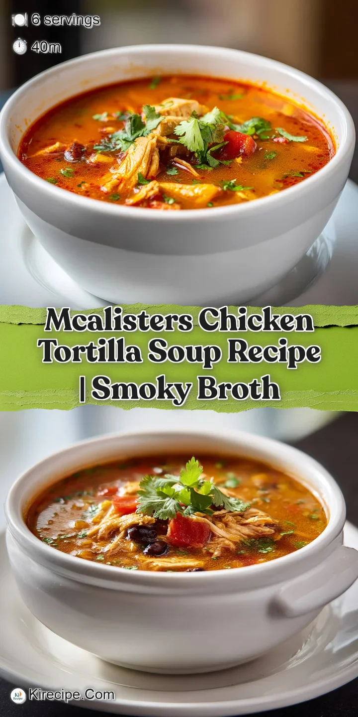 Close-up of chicken tortilla soup featuring tender chicken, bright vegetables, and crunchy tortilla strips in a creamy, sp...