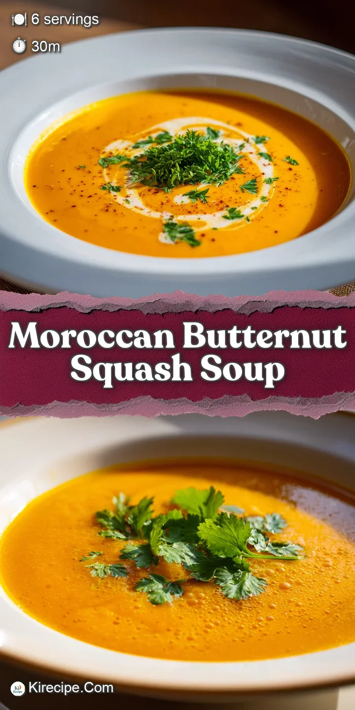 Close-up of velvety butternut squash soup with visible spice flecks, glistening oil, and vivid green herb garnish, promisi...