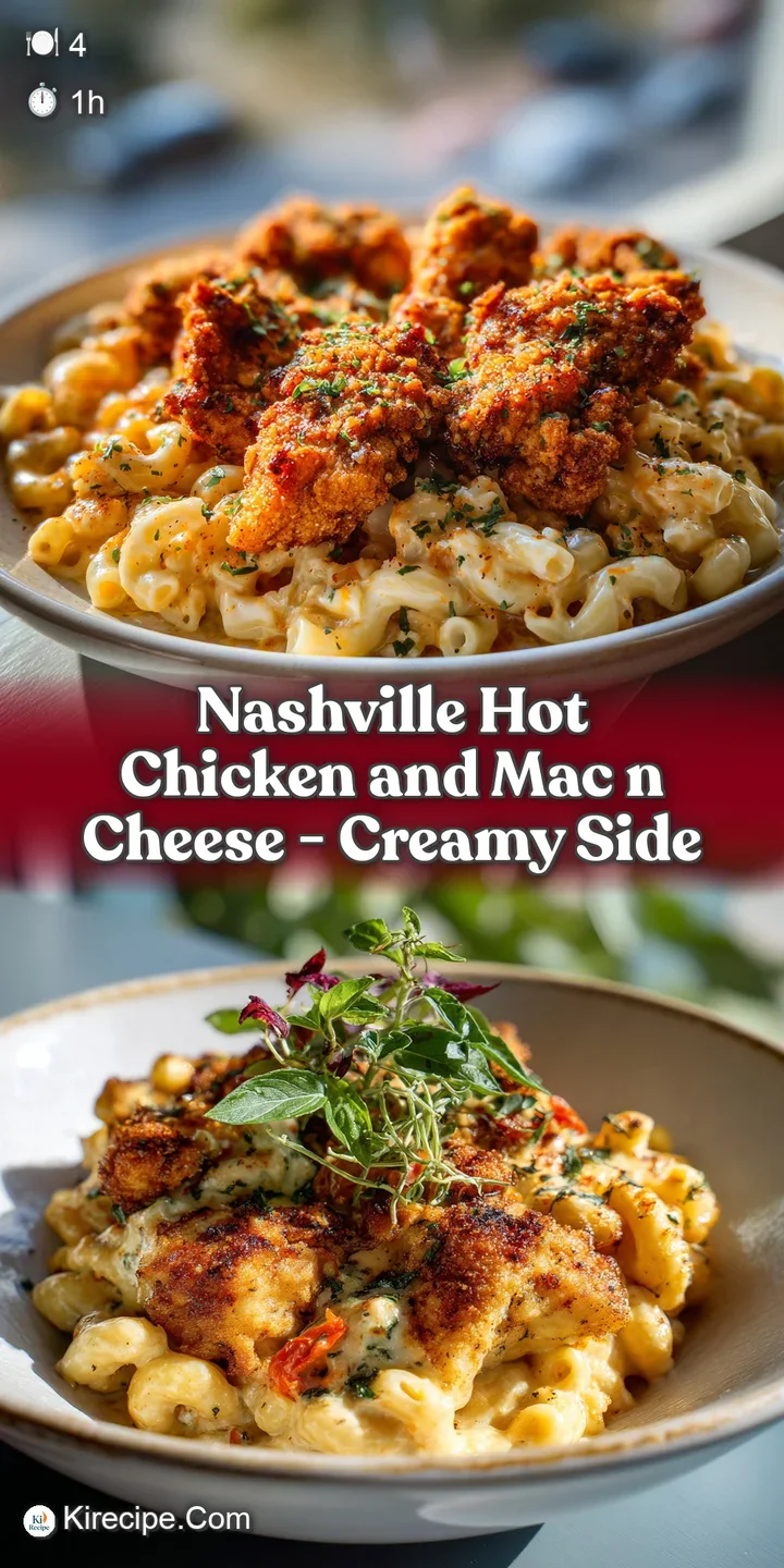 Close-up of Nashville hot chicken showing crispy, textured breading and glistening spicy oil; cheesy, gooey mac as side.