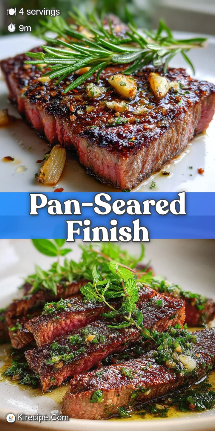Close-up of juicy steak with a garlicky, herbed crust. The sizzling surface is glistening in the warm light.