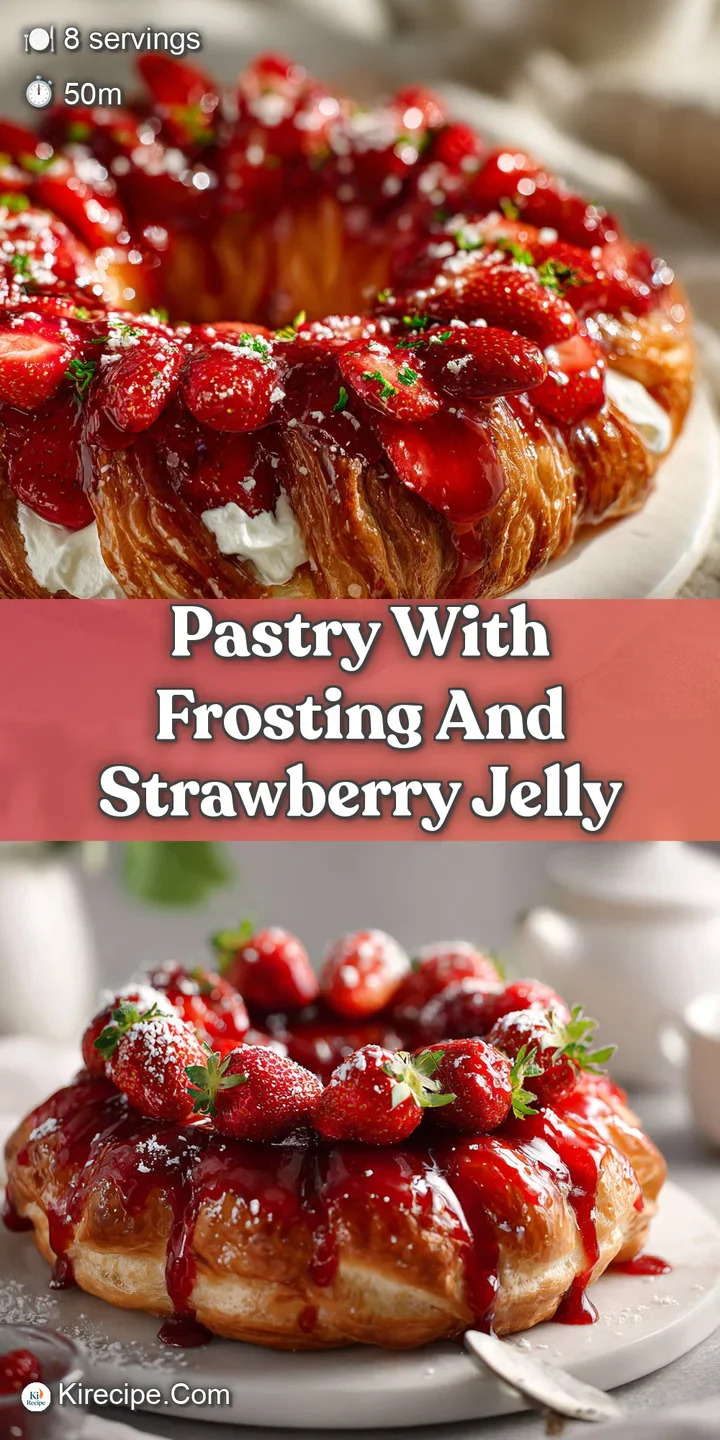 Close-up on a frosted pastry ring, the glossy strawberry jelly filling glistening, inviting and perfectly sweet.