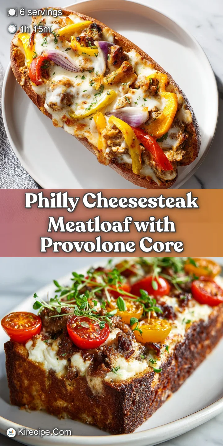 Close-up shot of Philly cheesesteak meatloaf showing the juicy texture of the meat and the gooey, melted cheese running th...