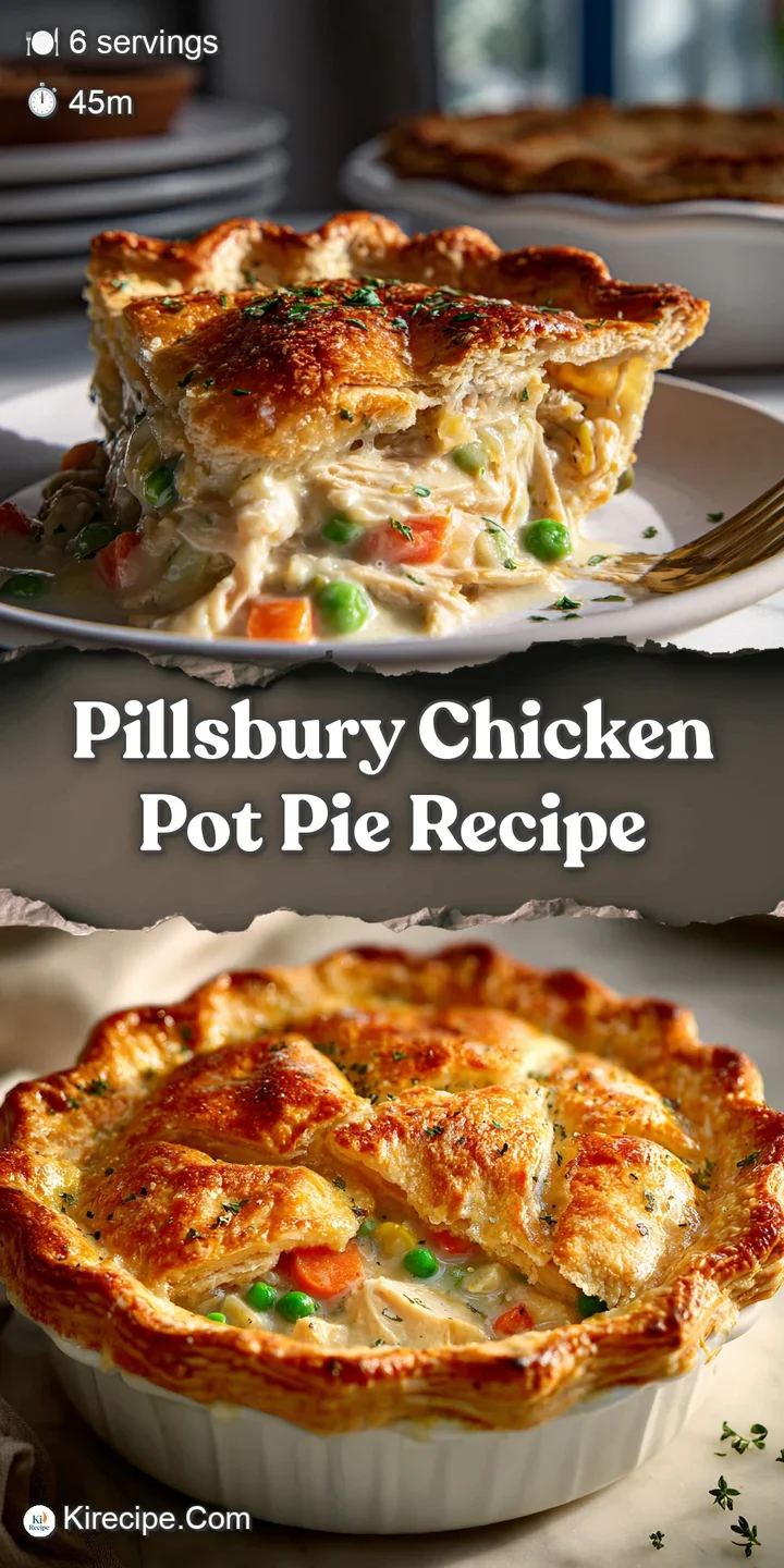 Close-up of chicken pot pie shows a steaming, creamy filling bursting from a crisp, golden-brown, and flaky crust.