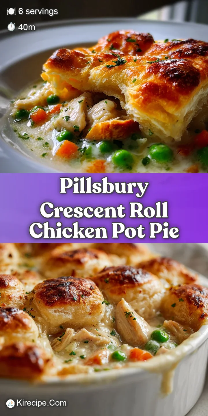 Close-up of bubbling, golden crescent roll crust on a chicken pot pie, hinting at the creamy filling and savory aroma below.