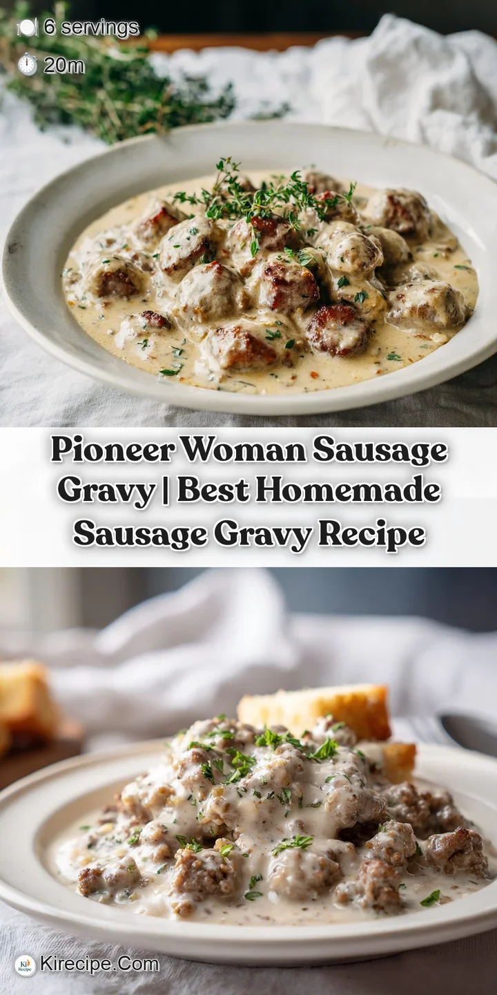 Close-up of savory, crumbled sausage pieces peeking through a swirl of thick, creamy white gravy.