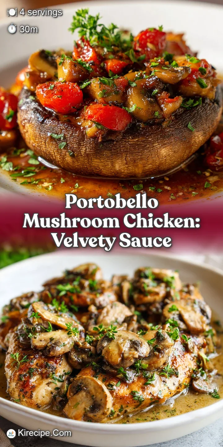 Close-up of succulent chicken and mushroom, the rich sauce glistening, hints of fragrant herbs, looks tender and delicious.